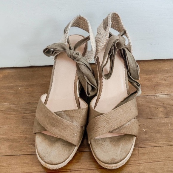 J. Crew Lace Up Leather Canvas Espadrilles Wedges Forrest Green Womens Size 10 - Picture 2 of 6